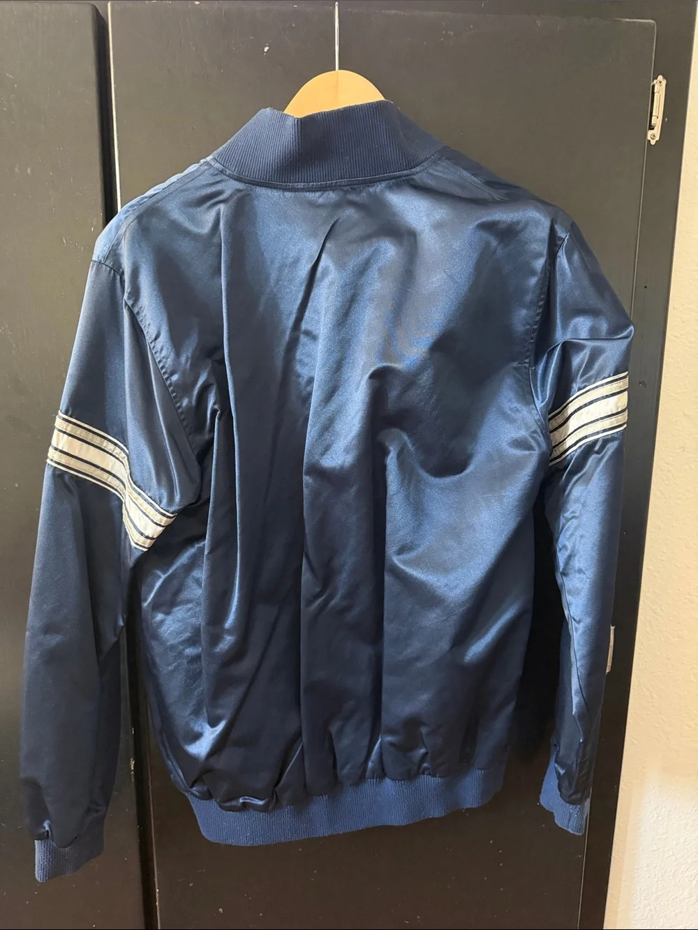 STARTER Navy Satin New York Yankees Bomber Jacket